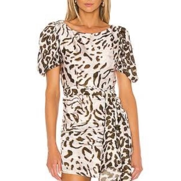 HEMANT AND NANDITA REVOLVE Rika Leopard Print Puff Sleeve Ruched Mini Dress L - Picture 4 of 9